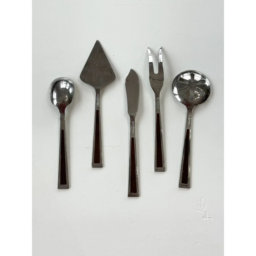 5 Vtg MCM Stanley Roberts flatware provincial‎ walnut Serving Utensil Wood Inlay